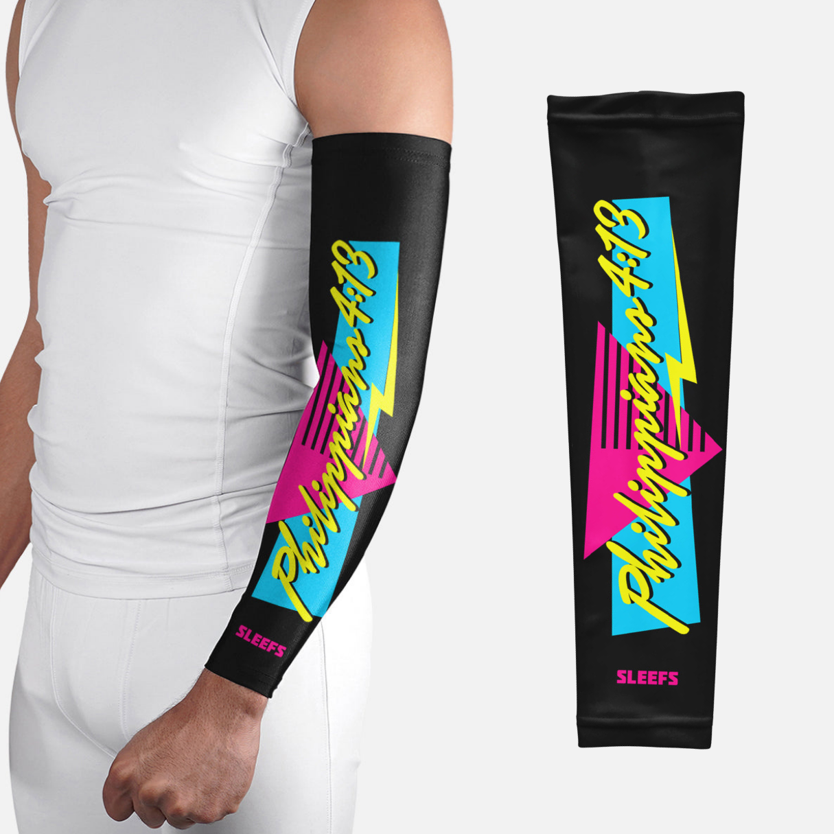 Philippians 4:13 Synthwave Black and White Arm Sleeves Pair