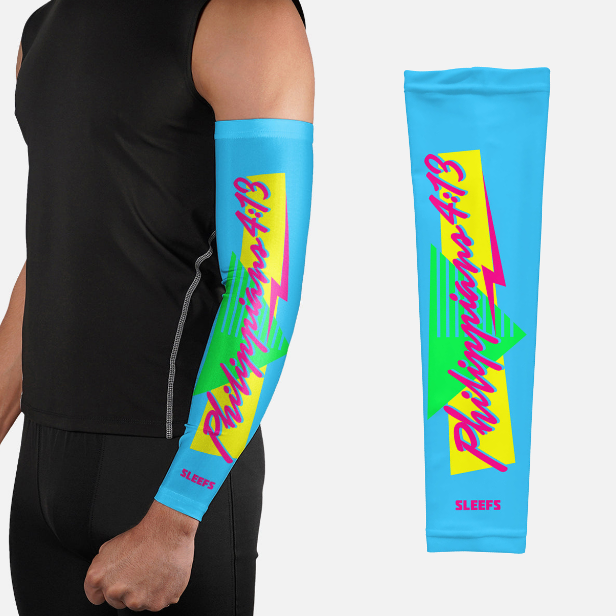 Philippians 4:13 Synthwave Pink and Blue Arm Sleeves Pair