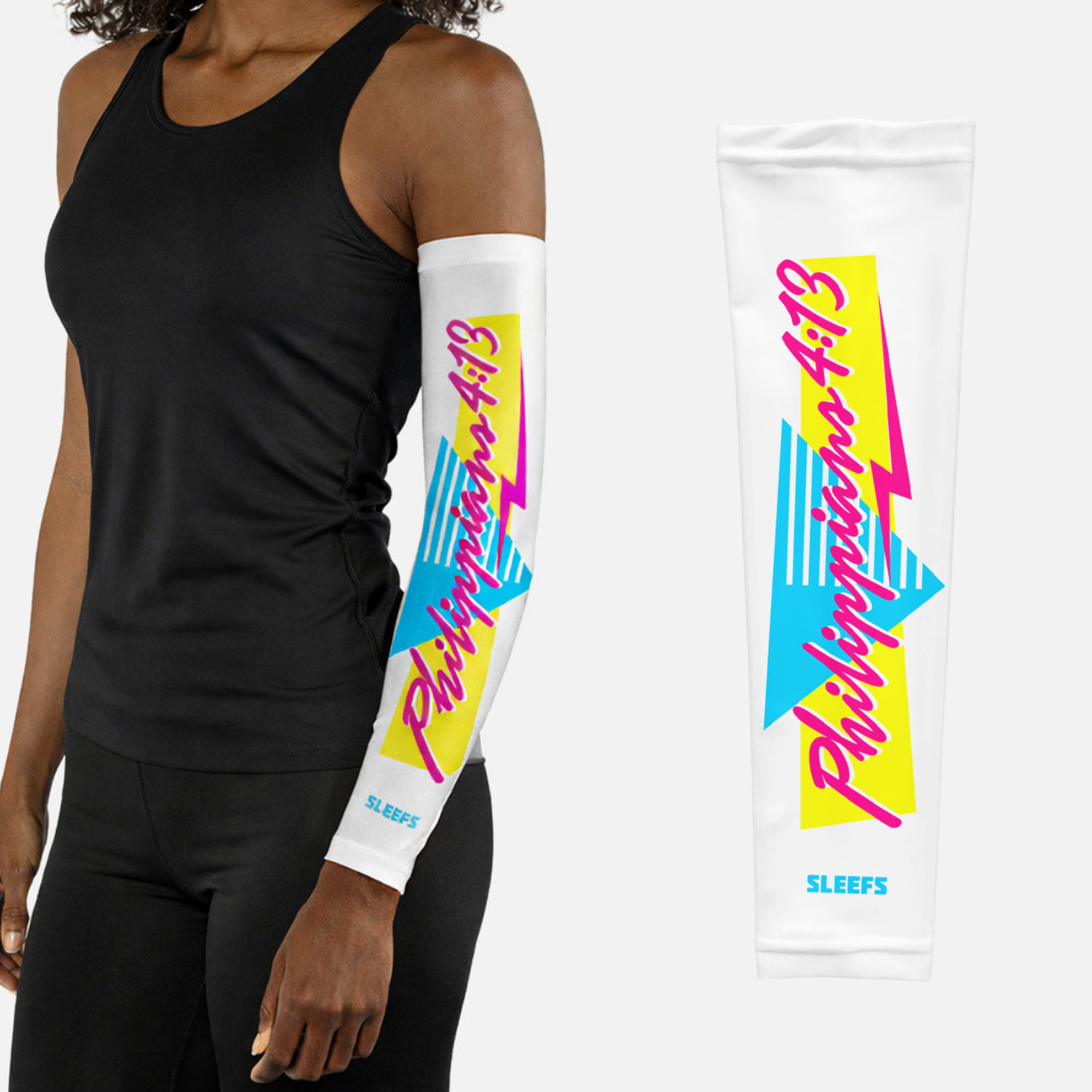 Philippians 4:13 Synthwave Black and White Arm Sleeves Pair