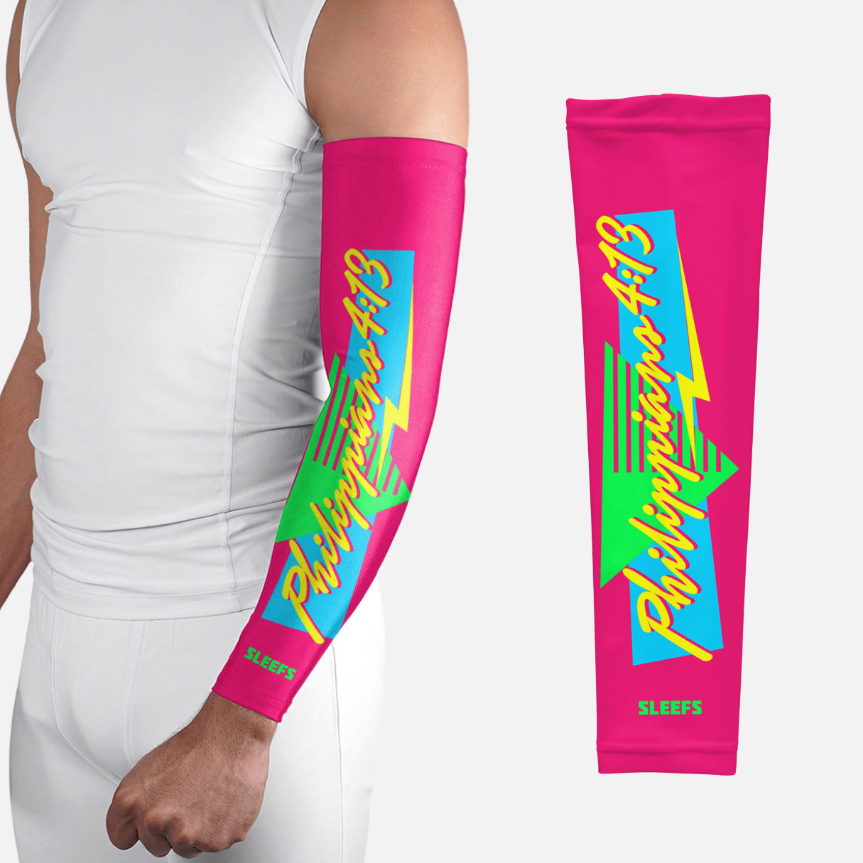 Philippians 4:13 Synthwave Pink and Blue Arm Sleeves Pair