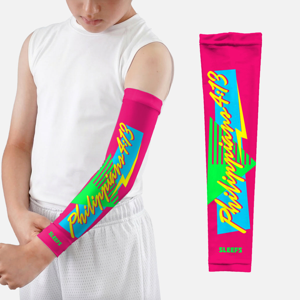 Philippians 4:13 Synthwave Pink and Blue Kids Arm Sleeves Pair