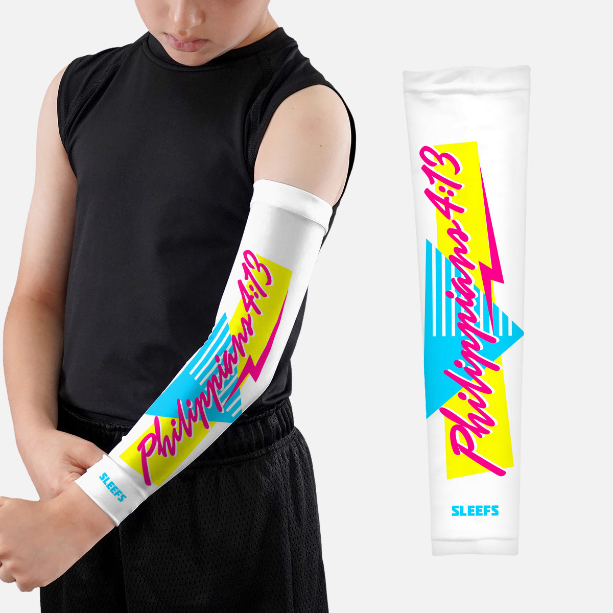 Philippians 4:13 Synthwave Black and White Kids Arm Sleeves Pair